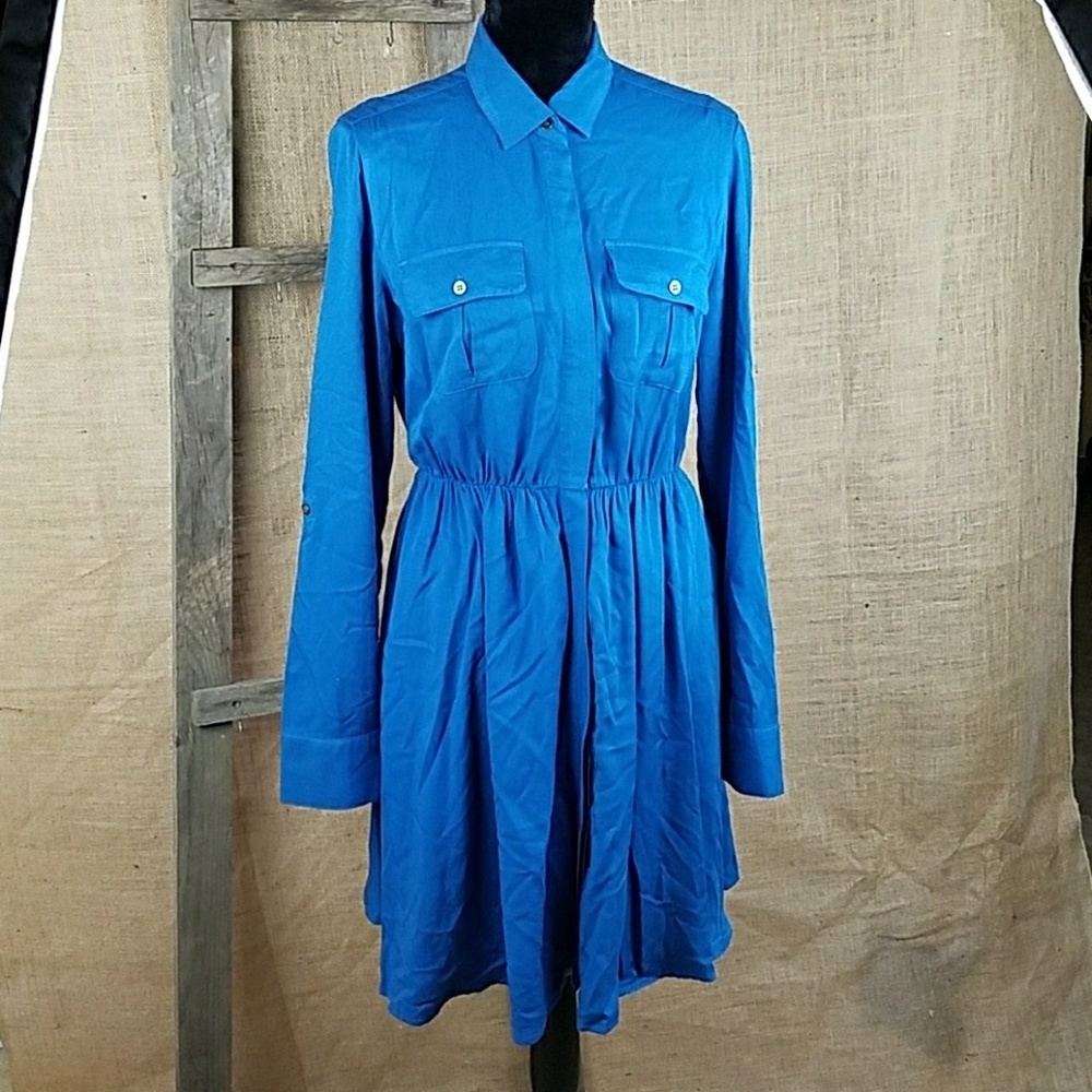 Maeve Anthropologie women S blue dress roll tab sleeve buttons front minimalist